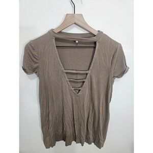 Tobi Womens XS Olive Taupe Strappy Cage Deep V-Neck Choker Top Short Sleeve TTT